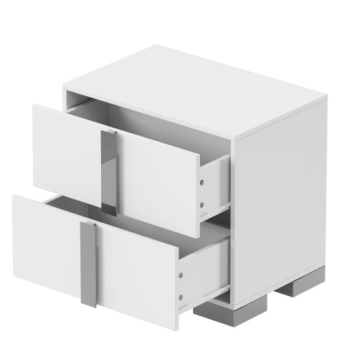 Modern End Table with Drawers, Elegant Nightstand with Metal Foot,Wood Bedside Table with Mirrored Metal Handles,Sofa Side End Table for Bedroom Living Room Office,White