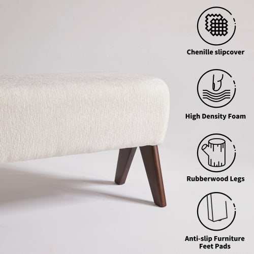 Cream Chenille Upholstered Ottoman Bench, Solid Wood V-Shaped Leg Entryway Shoe Bench for Bedroom & Foyer