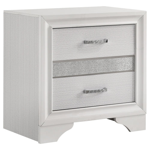 White 2 Drawer Nightstand with Hidden Jewelry Tray, Glam Bedside Table with Crystal Handles, Bedroom Storage Cabinet