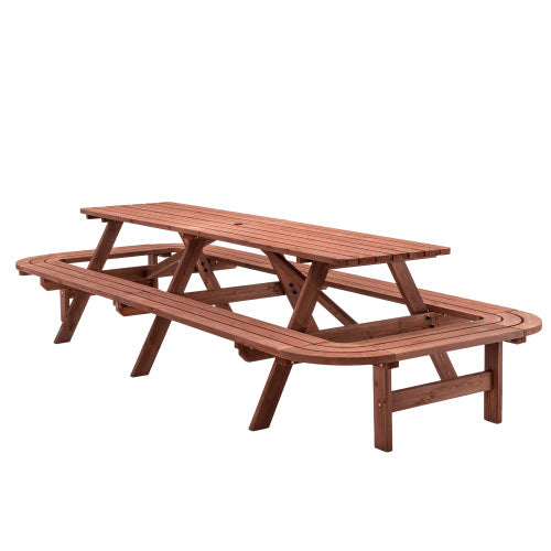 Brown Picnic Table with Benches for 14-16 Persons, Nearly 8-Foot Long Outdoor Wooden Rectangle Table for Patio, Garden, Backyard, Large Outside Dining Set with Umbrella Hole