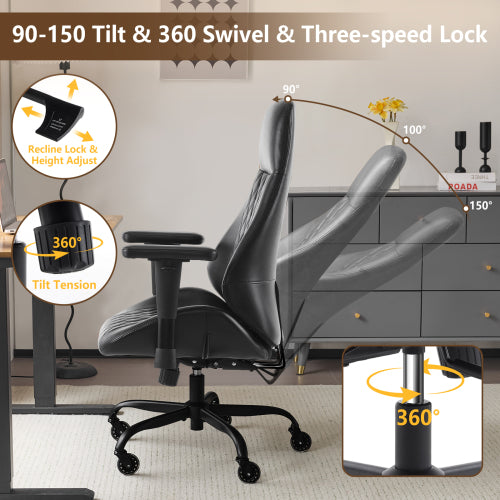 Home Office Desk Chair High Back Office Rubber Chair Casters Ergonomic Computer Chair with Lumbar Support Adjustable Height Rolling Swivel Chair Executive Task Armrests, Black PU