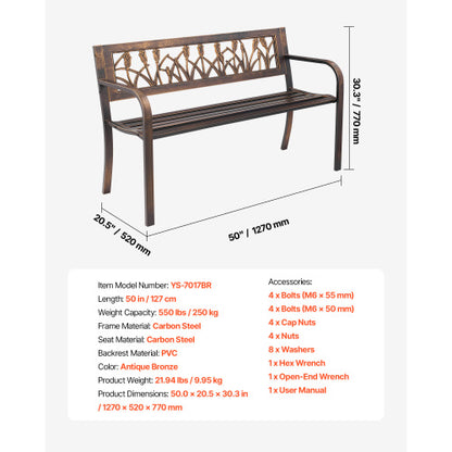 Outdoor Bench, 50 inch, Carbon Steel Metal Frame with PVC Floral Pattern Backrest and Round Edge Armrests, Weatherproof Outside Bench for Patio, Garden, Park, Yard, Front Porch, Antique Bronze