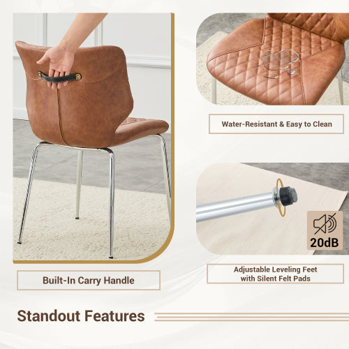 Set of 2 Brown Crazy Horse Oil Wax Leather Dining Chairs, Electroplated Metal Leg Diamond Tuft High Back Chairs