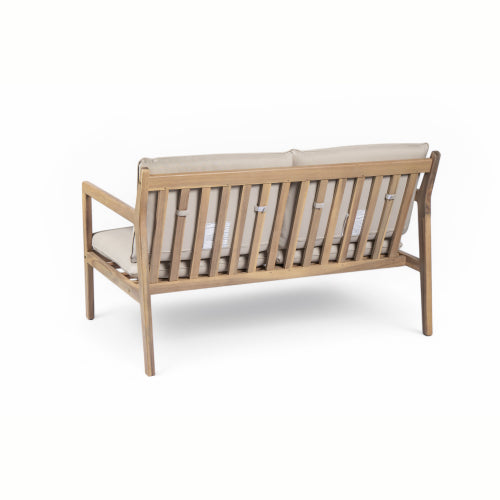 Outdoor Acacia Wood Loveseat with Coffee Table, Light Teak Frame, Beige Cushion