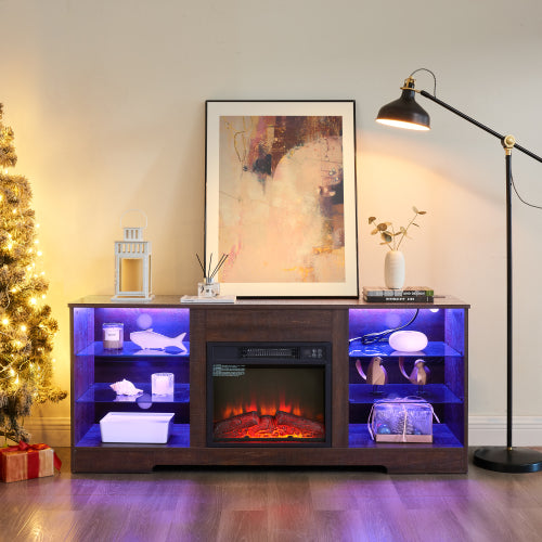 58 Inch Black Electric Fireplace TV Cabinet Bluetooth APP Controlled RGB LED Light Media Stand with Charging Ports for 62 Inch TV