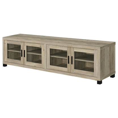 Distressed Pine 79 Inch Farmhouse Media Console, 4 Glass Door TV Stand Fits 85 Inch TV