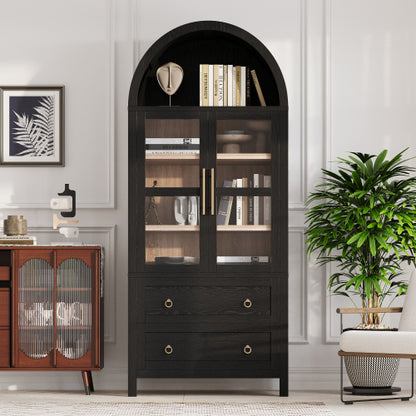 71 Inch Black Arched Glass Door Kitchen Pantry Storage Cabinet