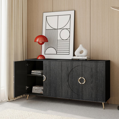 Distressed Black Modern Lacquered 4-Door Wooden Sideboard MDF Metal Leg Adjustable Shelf Home Storage Cabinet