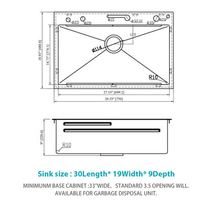30" Kitchen Sink Waterfall Sink - 30 x 19 x 9 inch Multifunction Single Bowl 16 Gauge Stainless Steel Ledge Workstation Smart Top Mount Kitchen Sinks