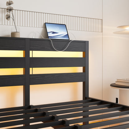 Full Size Metal Bed Frame with Wooden Headboard, RGB Lights, Outlets & Charger, Storage Shelf, Noise-Free, No Box Spring Needed