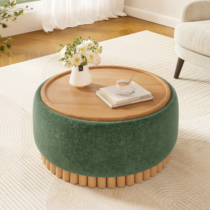 29 Inch Green Chenille Round Storage Ottoman, Reversible Tray Lid Ottoman with Rubberwood Base, No Assembly Needed