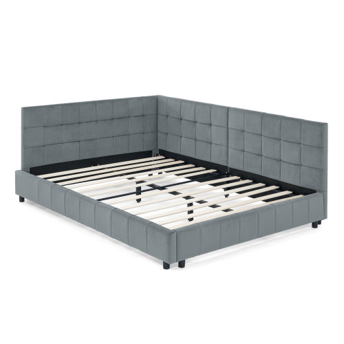 Full Size Upholstered Tufted Bed Frame, Sofa Bed Frame with Comfortable Backrest and Armrests, Full Size Bed for Bedroom, Living Room,Velvet, Grey(80.5inch *59inch *30.5inch )