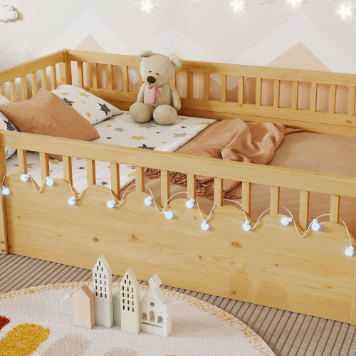 Full Montessori Floor Bed Frame with High Rails, Wood Kids Floor Beds with Light and Storage Shelf, Natural