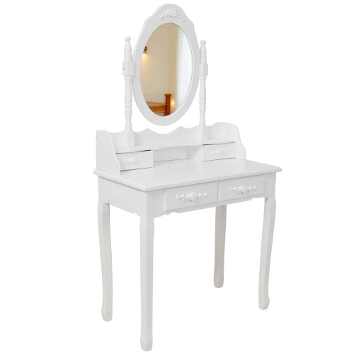 White Princess Vanity Desk Set with Mirror & Cushioned Stool, 4-Drawer Wooden Makeup Vanity Table for Girls' Bedroom, Dressing Table with Ample Storage