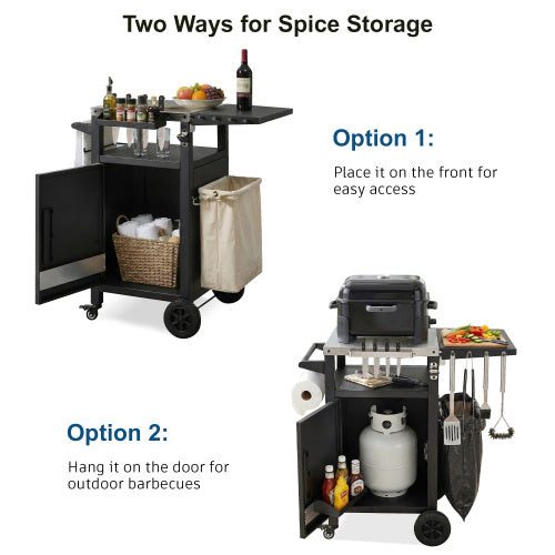 33.9 inch Outdoor Grill Cart with Drop Leaf, Outdoor Metal Bar Cart Pizza Oven Table with Wheels, Stainless Steel Top, Outdoor Kitchen Island with Storage Cabinet & Spice & Paper Rack for BBQ, Waterpr