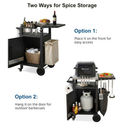 33.9 inch Outdoor Grill Cart with Drop Leaf, Outdoor Metal Bar Cart Pizza Oven Table with Wheels, Stainless Steel Top, Outdoor Kitchen Island with Storage Cabinet & Spice & Paper Rack for BBQ, Waterpr
