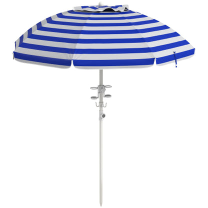 Outsunny 5.7' Portable Beach Umbrella with Tilt, Adjustable Height, 2 Cup Holders & Hooks, UV 40+ Ruffled Outdoor Umbrella with Vented Canopy, Blue White Stripe