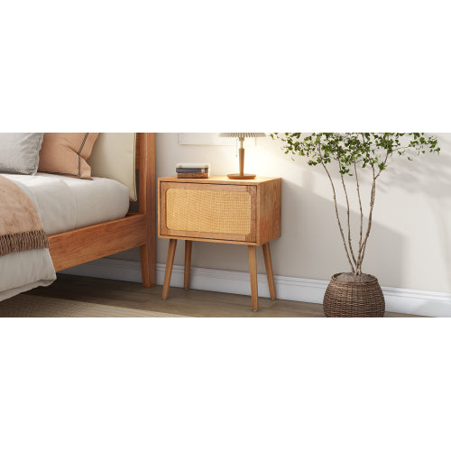 Rotating Hidden Compartment Nightstands, Mid Century Modern Concealment Furniture, Rattan Bed Side Table, Compartment End Table with Wood Legs, Bedside Tables for Bedroom, Living Room, Dorm, Natural
