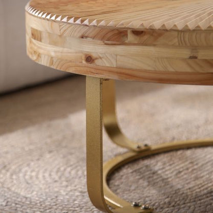Round Wood Coffee Table Gold Metal Legs Carved Pine Accent Living Room Table