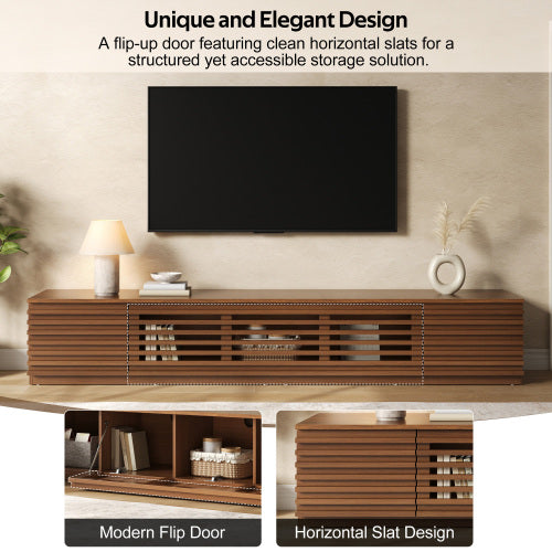 86.6 inch Walnut Legless Horizontal Slat Flip Door TV Stand Low Profile Media Console Fits 90 inch TV