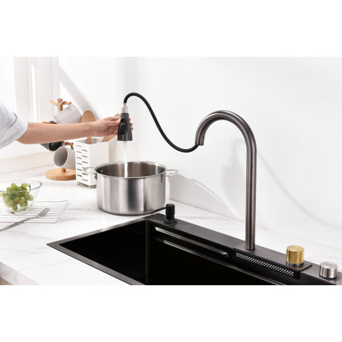 Waterfall Kitchen Sink, Stainless Steel Single Bowl in Black, Multifunctional Workstation with Flying-rain Faucet and Cutting Board, 30×18″ Stainless Steel Single Bowl Sink, LS-SSBL05