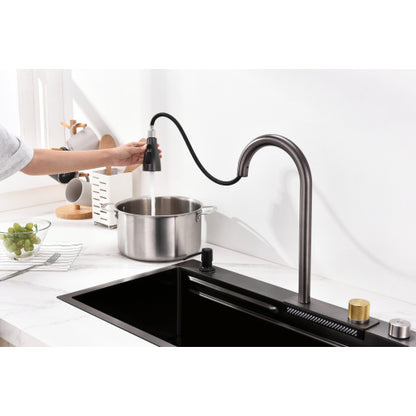 Waterfall Kitchen Sink, Stainless Steel Single Bowl in Black, Multifunctional Workstation with Flying-rain Faucet and Cutting Board, 30×18″ Stainless Steel Single Bowl Sink, LS-SSBL05