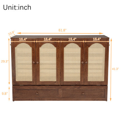 Queen Murphy Cabinet Bed with Charging Station Drawer and Rattan Panels Walnut