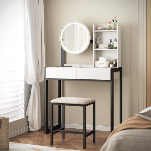 White & Black Vanity Desk with LED Mirror, 3 Light Modes, Outlet, Drawer & Stool