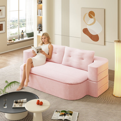 78.7-Inch Baby-Pink Convertible Corduroy Sleeper Floor Sofa-Bed with Zip-On Blanket & 2 Pillows No-Assembly