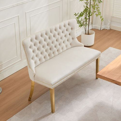 Velvet Double Dining Loveseat Bench, Kitchen & Dining Seating, 2-Seat Tufted Bench w/Handmade Buttons, Wing Back, Gold-Plated Steel Legs, Mid Century Modern,Single Pack,Beige