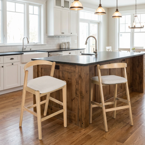 Indoor Rubberwood Barstool, Natural Finished and Beige Upholstery, Set of 2
