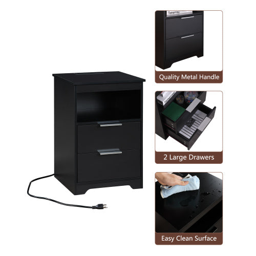 Black Nightstand with Charging Station, 2 Drawers & Open Shelf Wooden Bedroom Side Table