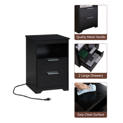 Black Nightstand with Charging Station, 2 Drawers & Open Shelf Wooden Bedroom Side Table