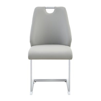 Set of 2 Light Gray Gold Mesh PU High Back Dining Chairs, Silver Back Ring Chrome Pull Handle Solid Iron Frame