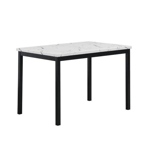 5-Piece Black Metal Dining Set, Off-White Faux Marble Top Table with 4 Gray Faux Leather Chairs