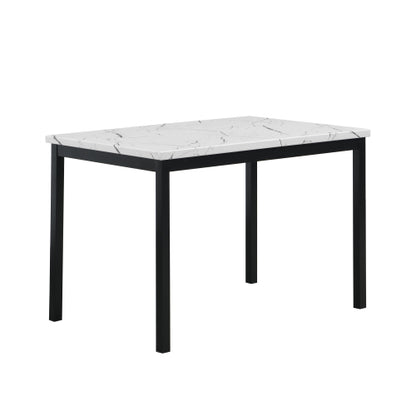 5-Piece Black Metal Dining Set, Off-White Faux Marble Top Table with 4 Gray Faux Leather Chairs