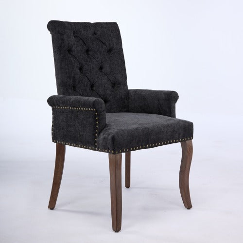 Upholstered Chenille Arm Dining Chair, Tufted Accent Chair with Curved Solid Wood Legs, Black, Single Pack