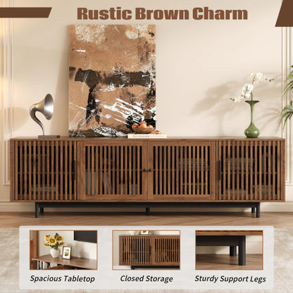 78.7 inch Walnut Slatted Door TV Stand Solid Rubber Wood Leg Media Console Holds 85 inch TV