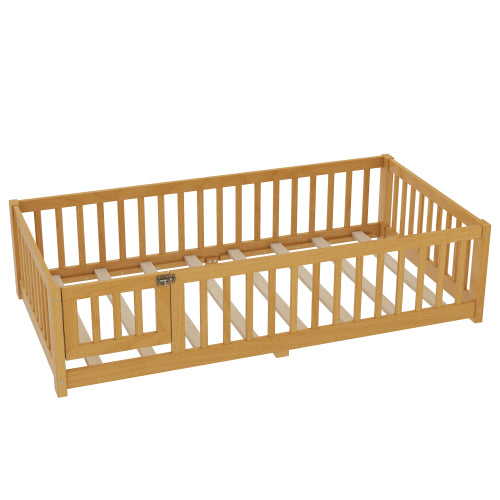 Twin Size Bed Floor Bed with Safety Guardrails and Door for Kids, Natural