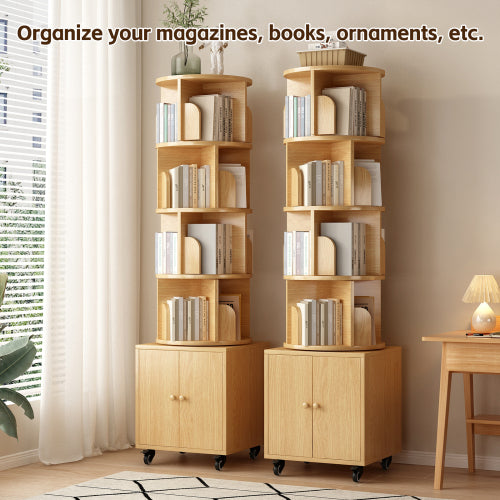 5-Tier Rotating Corner Bookshelf with Double Door Drawer, 360¡ã Revolving Wooden Home Storage Rack
