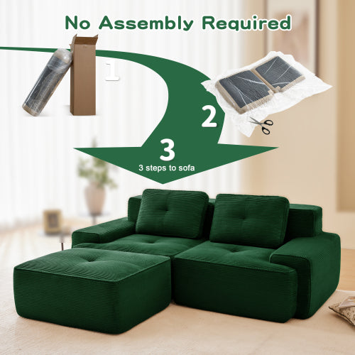 82 inch  Green L-Shaped Corduroy Modular Sofa, Movable Ottoman, No Assembly Required