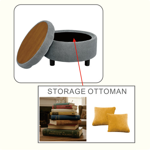 25 Inch Round Storage Ottoman, Light Grey Tufted Fabric