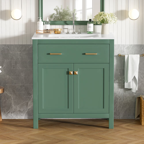 30-inch Bathroom Vanity with Ceramic Sink, Modern Green Single Bathroom Cabinet with 2 Doors and a Shelf, Soft Close Doors