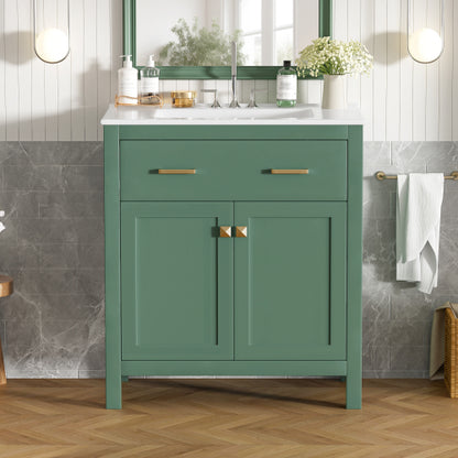 30-inch Bathroom Vanity with Ceramic Sink, Modern Green Single Bathroom Cabinet with 2 Doors and a Shelf, Soft Close Doors