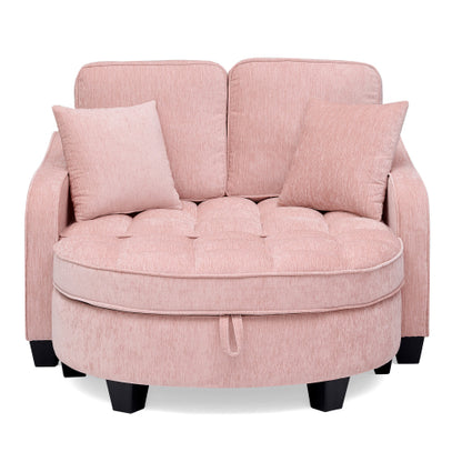 Pink 2-Seater Sofa Chaise, Irregular Armrest, Storage Footrest & 2 Pillows