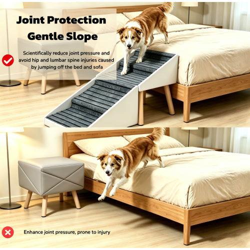 Beige 2-in-1 Foldable 4-Step Dog Ramp Ottoman 18.89 inch, Foldable Foot Stool for Small Dogs