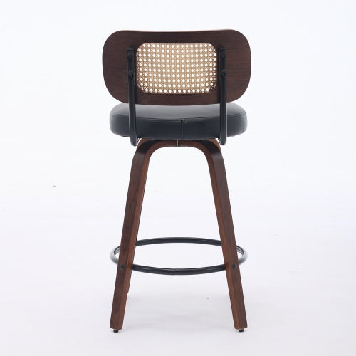 Set of 2 Counter Height Bar Stools - 26 inch Rattan Counter Height Stools with Cane Back, Upholstered Seat, Walnut Craftsmanship, Swivel Counter Stools for Island/Kitchen/Counter/Bar (Walnut Black)