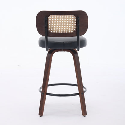 Set of 2 Counter Height Bar Stools - 26 inch Rattan Counter Height Stools with Cane Back, Upholstered Seat, Walnut Craftsmanship, Swivel Counter Stools for Island/Kitchen/Counter/Bar (Walnut Black)
