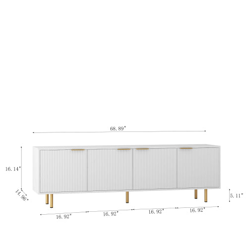 White Fluted 68 inch TV Stand with Storage Cabinets and Gold Legs