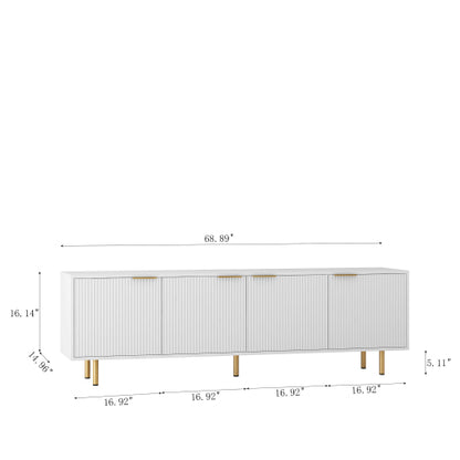 White Fluted 68 inch TV Stand with Storage Cabinets and Gold Legs